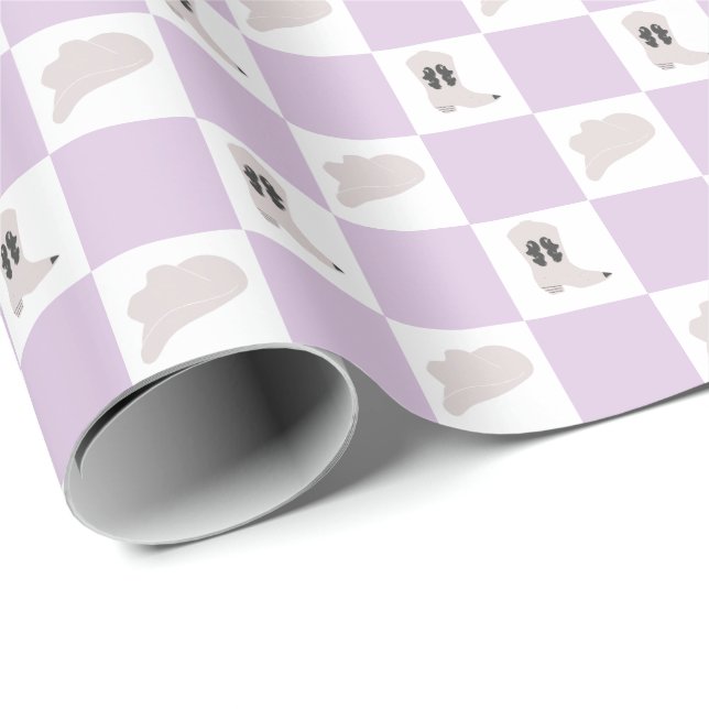 Modern Lilac Chequered Cowgirl Rodeo Pattern Wrapping Paper (Roll Corner)