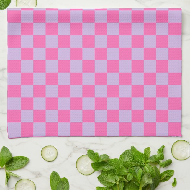 Modern Lilac Lavender and Pink Chequered Tea Towel (Folded)