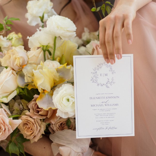 Modern Lilac Lavender Leafy Crest Monogram Wedding Invitation (Creator Uploaded)