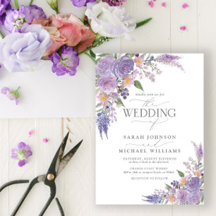 Modern Lilac Lavender Mauve Script Floral Wedding Invitation