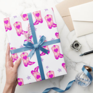 Modern Lilac Pink Cowgirl Western Boots Stars Wrapping Paper