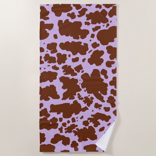 Modern Lilac Purple and Brown Cow Skin Print Beach Towel (Front)