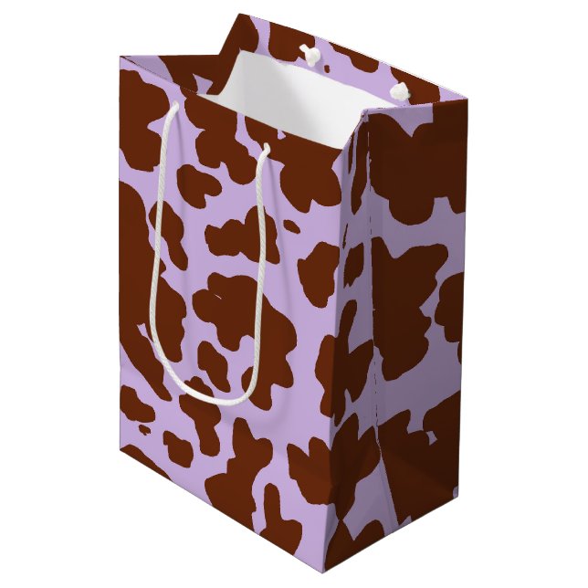 Modern Lilac Purple and Brown Cow Skin Print Medium Gift Bag (Front Angled)