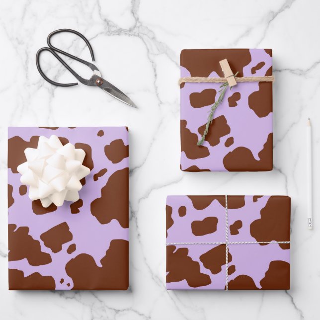 Modern Lilac Purple and Brown Cow Skin Print Wrapping Paper Sheet (Front)