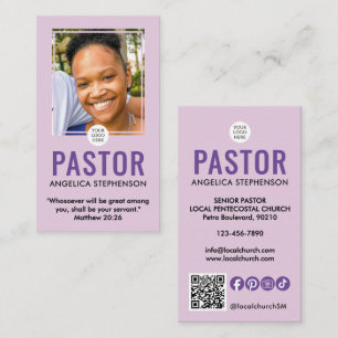 Modern Lilac Purple Photo QR Logo Church Pastor  Business Card