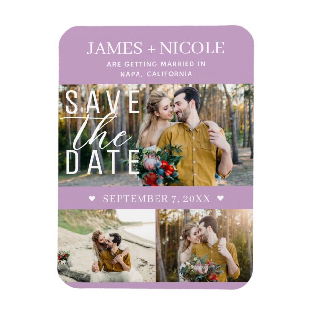 Modern Lilac Purple Save the Date Wedding 3 Photos Magnet (Vertical)