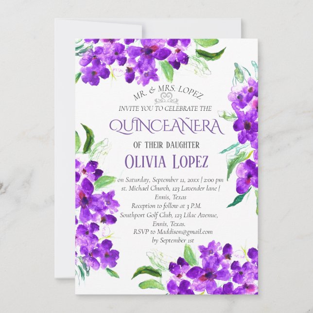 Modern Lilac Quinceañera Purple Lavender Birthday  Invitation (Front)