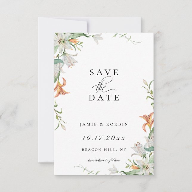Modern Lily Botanical Floral Save The Date Photo Announcement (Front)