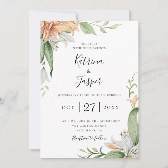 Modern Lily Botanical Floral Wedding Invitation (Front)