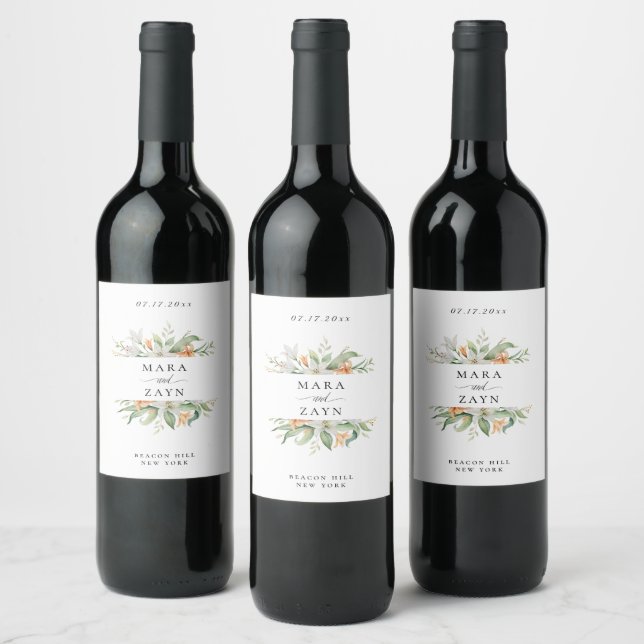 Modern Lily Botanical Floral Wedding Wine Label (Bottles)