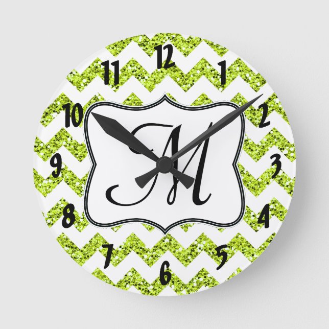 Modern Lime Chevron Monogram Initial Wall Clock (Front)