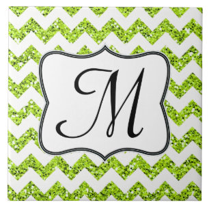 Modern Lime Glitter Chevron Monogram Display Tile