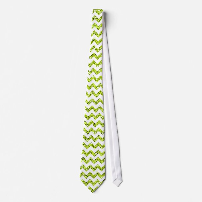 Modern Lime Glitter Chevron Zig Za Fabric Mens Tie (Front)