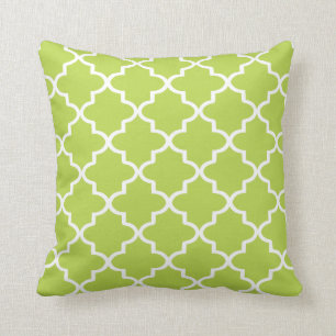 Modern Lime Green and White Moroccan Quatrefoil Cushion