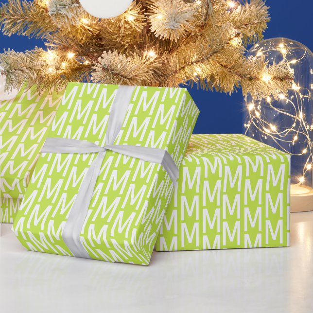 Modern lime green custom monogram initial pattern wrapping paper (Holidays)