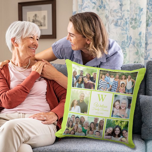 Modern Lime Green Family Reunion Monogram Photo  Cushion (Creator Uploaded)