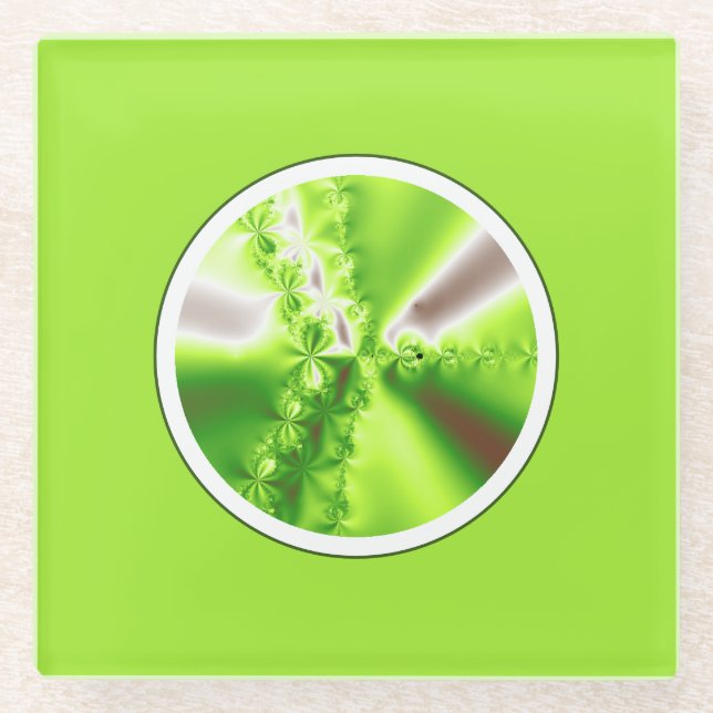 Modern Lime Green Fractal Art Glass Coaster (Front)