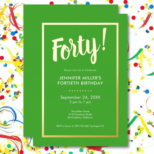 Modern Lime Green & Gold Foil 40th Birthday (Modern Lime Green & Gold Foil 40th Birthday Foil Invitation)