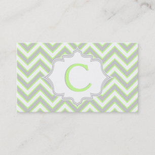 Modern lime green, grey chevron monogram business card