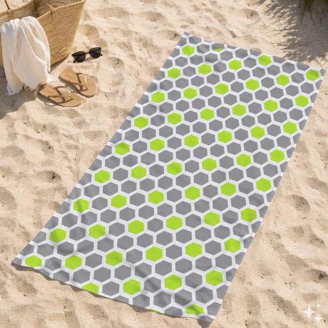 Modern Lime Green Grey Geometric Hexagon Pattern Beach Towel (Creator Uploaded)