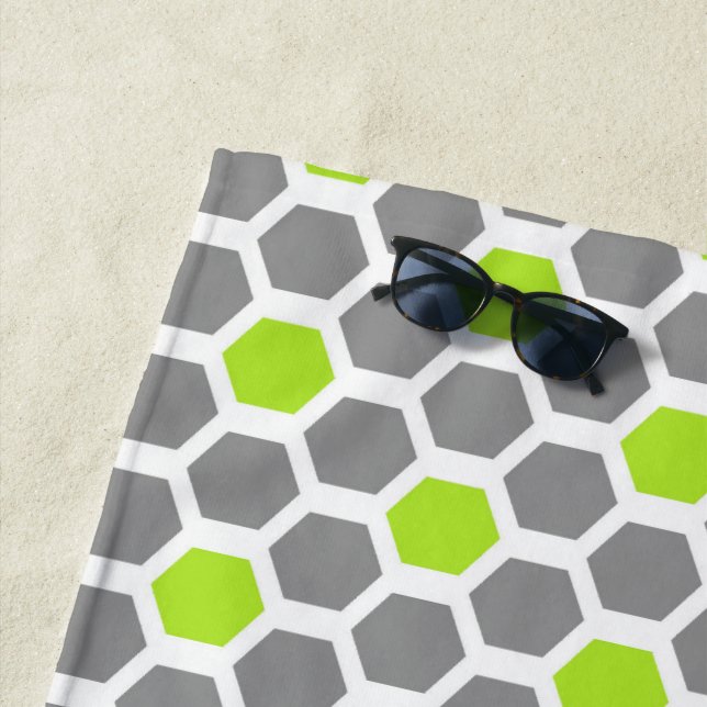 Modern Lime Green Grey Geometric Hexagon Pattern Beach Towel (In Situ)