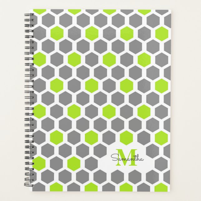 Modern Lime Green Grey Geometric Pattern Monogram Planner (Front)