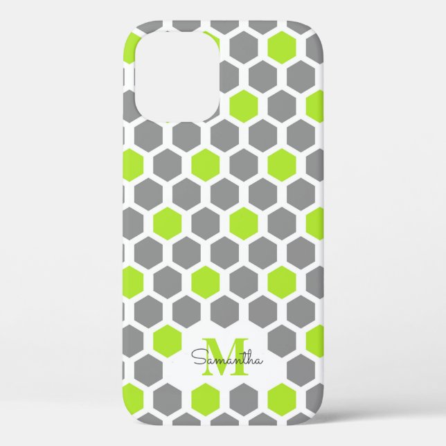 Modern Lime Green Grey Hexagon With Name Monogram Case-Mate iPhone Case (Back)