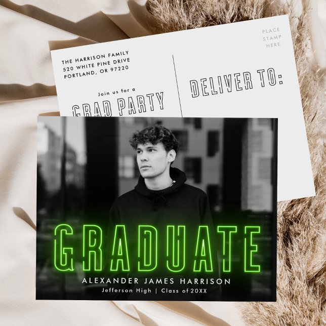 Modern Lime Green Neon Photo Graduation Party Invitation Postcard (Creator Uploaded)