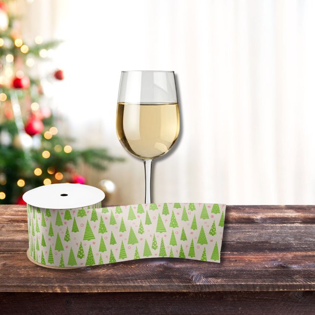 Modern Lime Green Pink Christmas Trees Watercolor Satin Ribbon (Creator Uploaded)