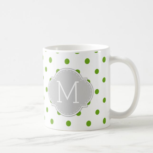 Modern Lime Green Polka-dots with monogram Coffee Mug (Right)