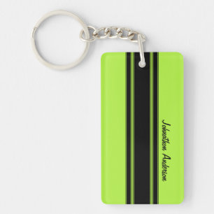 Modern Lime Green Racing Stripes With Name Key Ring