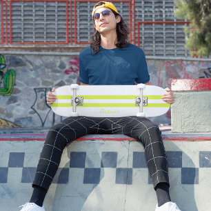 Modern Lime Green White Racing Stripes Monogrammed Skateboard
