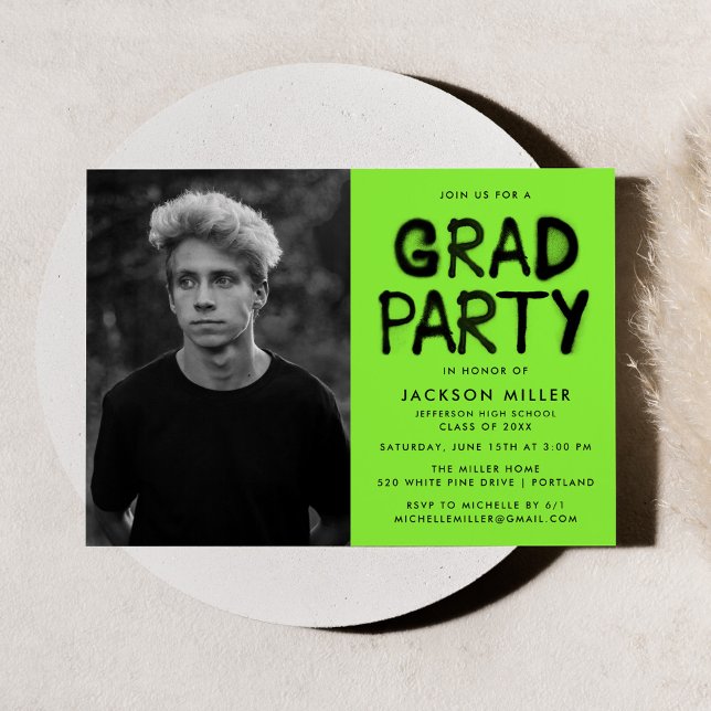 Modern Lime Spray Paint Photo Graduation Party Invitation (Creator Uploaded)