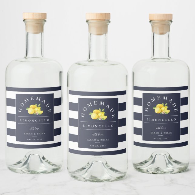 Modern Limoncello Navy Blue Stripe Beverage Label (Bottles)