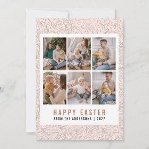 Modern Line Art Floral Happy Easter 6 Photo Holiday Card