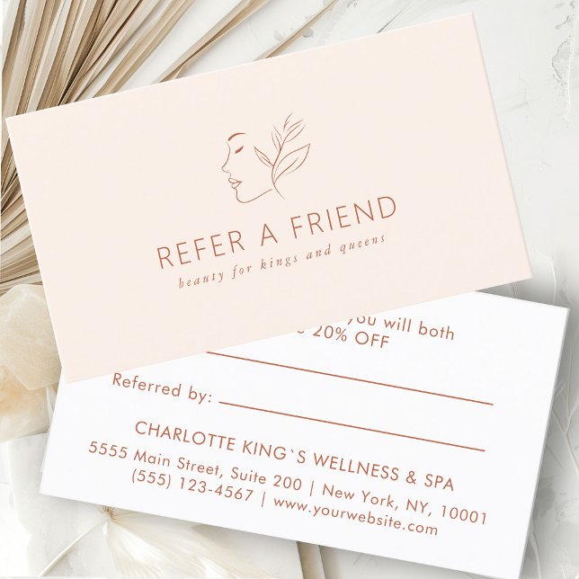 Modern, Line Art, Woman, Leafy, Salon, Beige Referral Card (Creator Uploaded)
