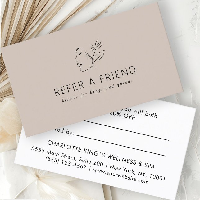 Modern, Line Art, Woman, Leafy, Salon, Light-Brown Referral Card (Creator Uploaded)