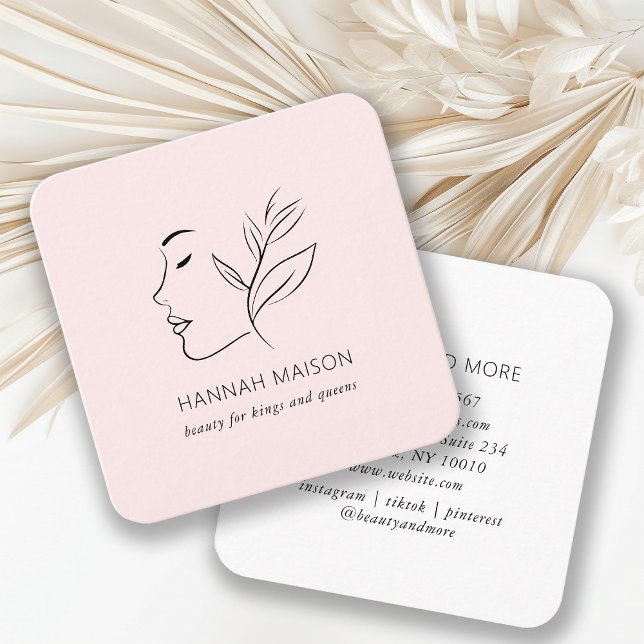 Modern, Line Art, Woman, Leafy, Salon, Light-Pink Square Business Card (Creator Uploaded)