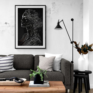 Modern Line Art Woman Portrait   Black & White Poster
