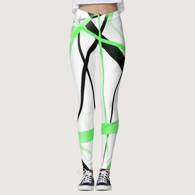 Modern Line Cool Geometry White Black Lime-Green Leggings (Front)