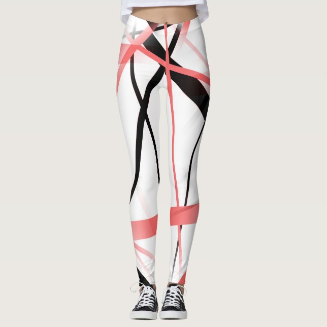 Modern Line Cool Geometry White Black Rose-Pink Leggings (Front)