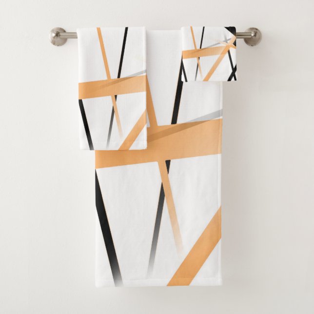 Modern Line Cool Geometry White Black Tangerine-Or Bath Towel Set (Insitu)