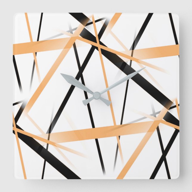 Modern Line Cool Geometry White Black Tangerine-Or Square Wall Clock (Front)