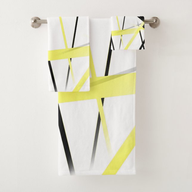 Modern Line Cool Geometry White Black Yellow Bath Towel Set (Insitu)