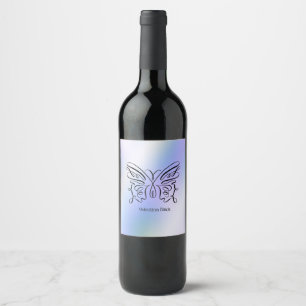 Modern Line Drawing Butterfly Blue Holographic Wine Label