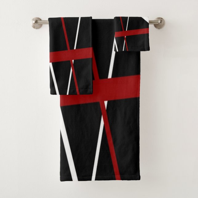 Modern Line Urban Geometry Black White Red Bath Towel Set (Insitu)