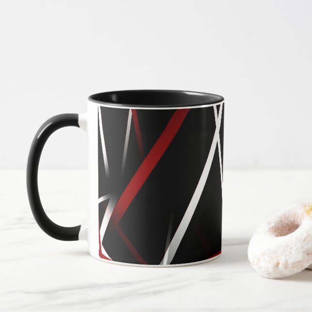 Modern Line Urban Geometry Black White Red Mug (With Donut)