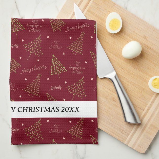 Modern lineart Christmas Trees with Family Name Tea Towel (Quarter Fold)