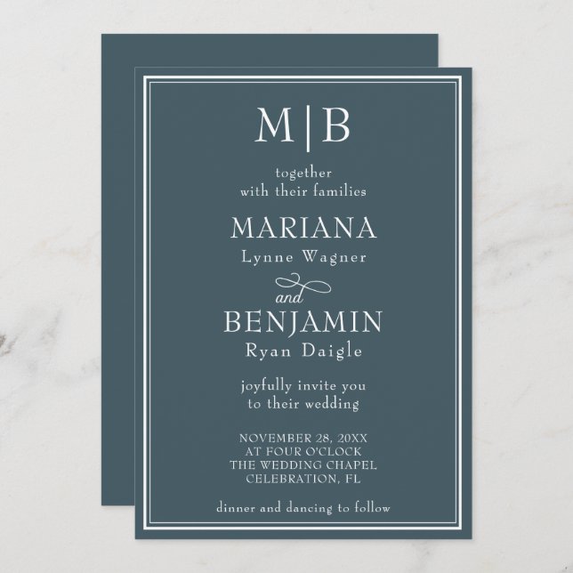 Modern Lined Border Minimalist Boho Blue Wedding Invitation (Front/Back)