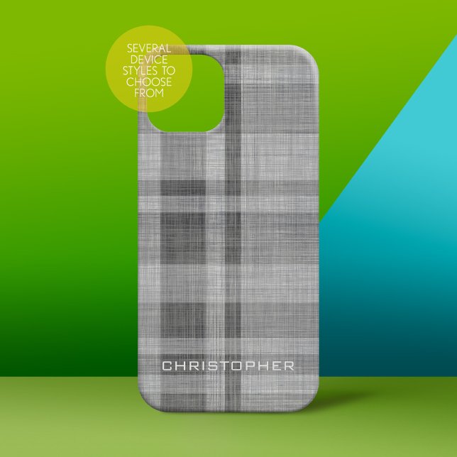 Modern Linen Plaid Pattern Personalised Name Case-Mate iPhone Case (Personalized Phone Case - subtle name)